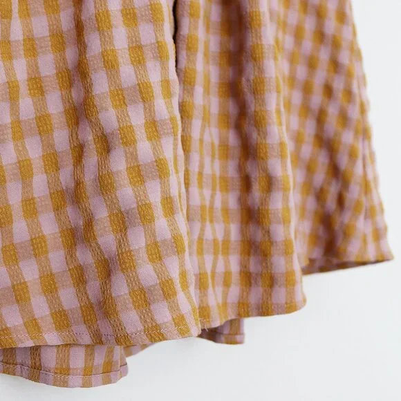 Reminiscence Gingham Plaid Seersucker Puff Short Sleeves Flared Dress Mini Tan - Picture 7 of 13